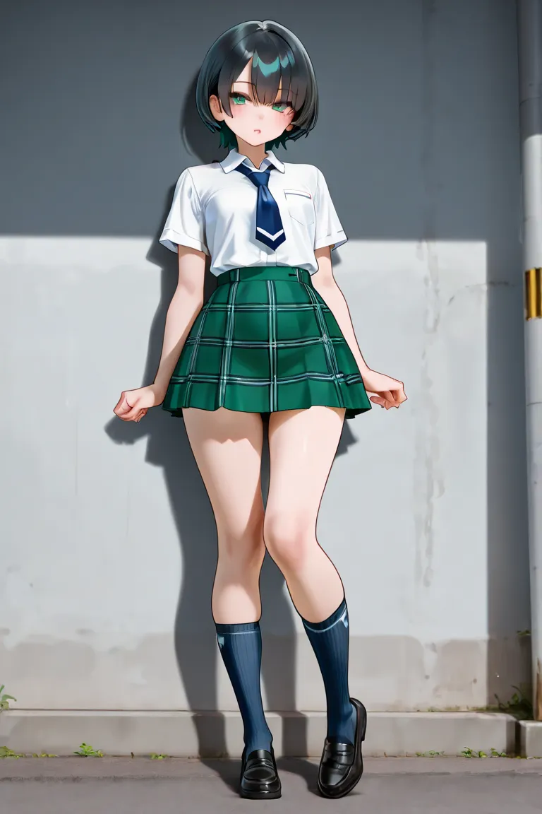 Japanese　woman　 short cut pretty girl 　 black hair　 short sleeve blouse 　 green check skirt　navy blue tie　 socks　Half-naked　 Panchira