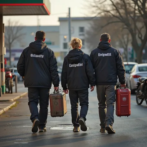 Generate three people leaving with canisters near a gas station. canister in the other hand a case with the message compliance. Three guys.  and so that the compliance label on the case is very clearly visible. one of the guys with a little bit blond hair