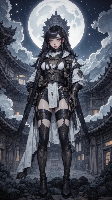 days，Phantom Blademaster（gender）， 4K anime-style quality ，digital painting mode，A mysterious female swordsman，Has long black hair and brown eyes，wears a smooth white and black battle dress，standing on the roof of a moonlit temple HDR，depth of field