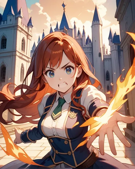 Best quality, 1 young woman, , attractive body, average height, (dark redhead: 1.2), very long hair, straight hair, big eyes, medium breasts, fire summoner, fire effects, tie, castle,cute