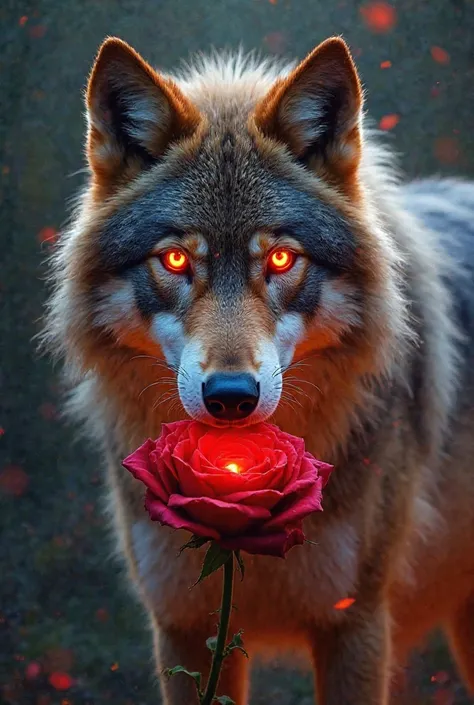 an elemental wolf,  radiating with a dynamic glow. The wolf holds a vivid red rose in its mouth, the petals sharp and luminous, contrasting with the elemental power of the wolf. Its eyes burn with an intense, mystical light, reflecting the raw force of nat...