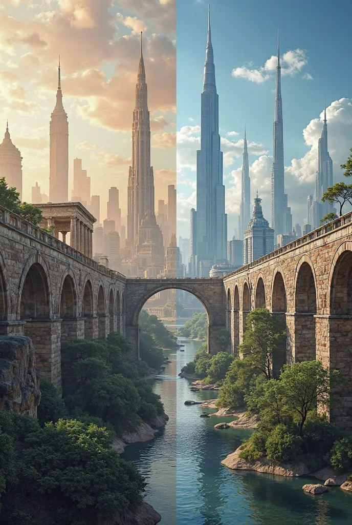 Ancient Architecture in Modern Buildings: A split-screen showing the Parthenon or Roman aqueducts on one side, and modern skyscrapers or bridges inspired by their techniques on the other.