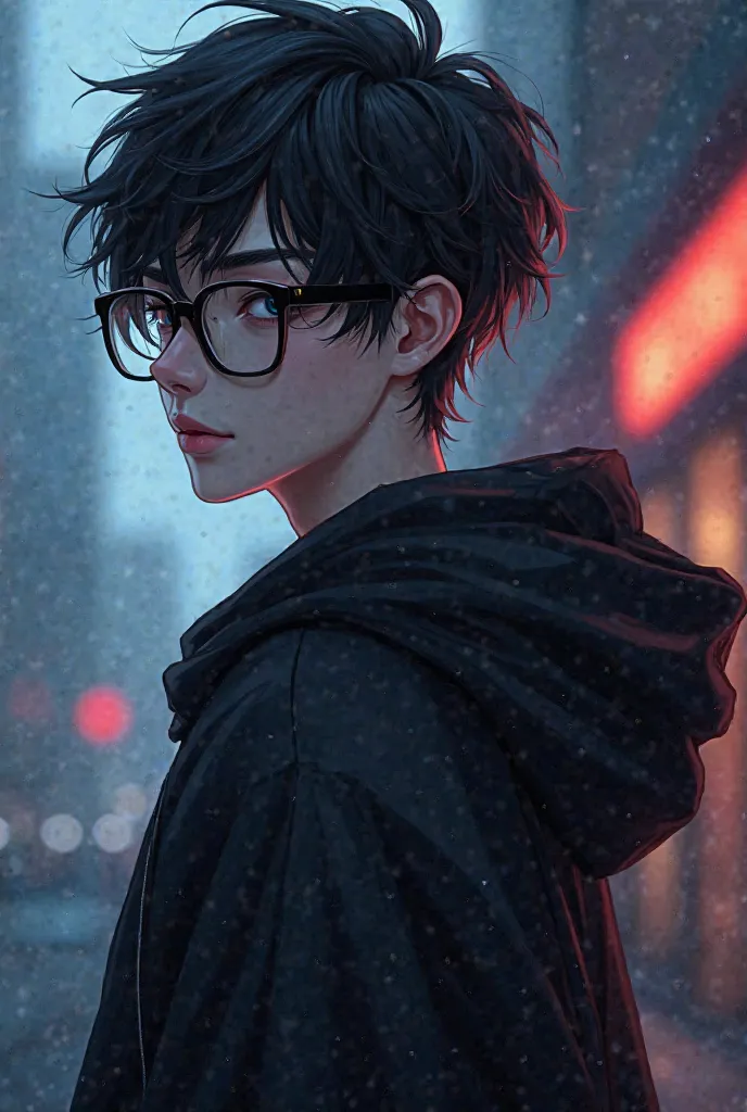 Create a anime boys  character with hoodie and black glasses 