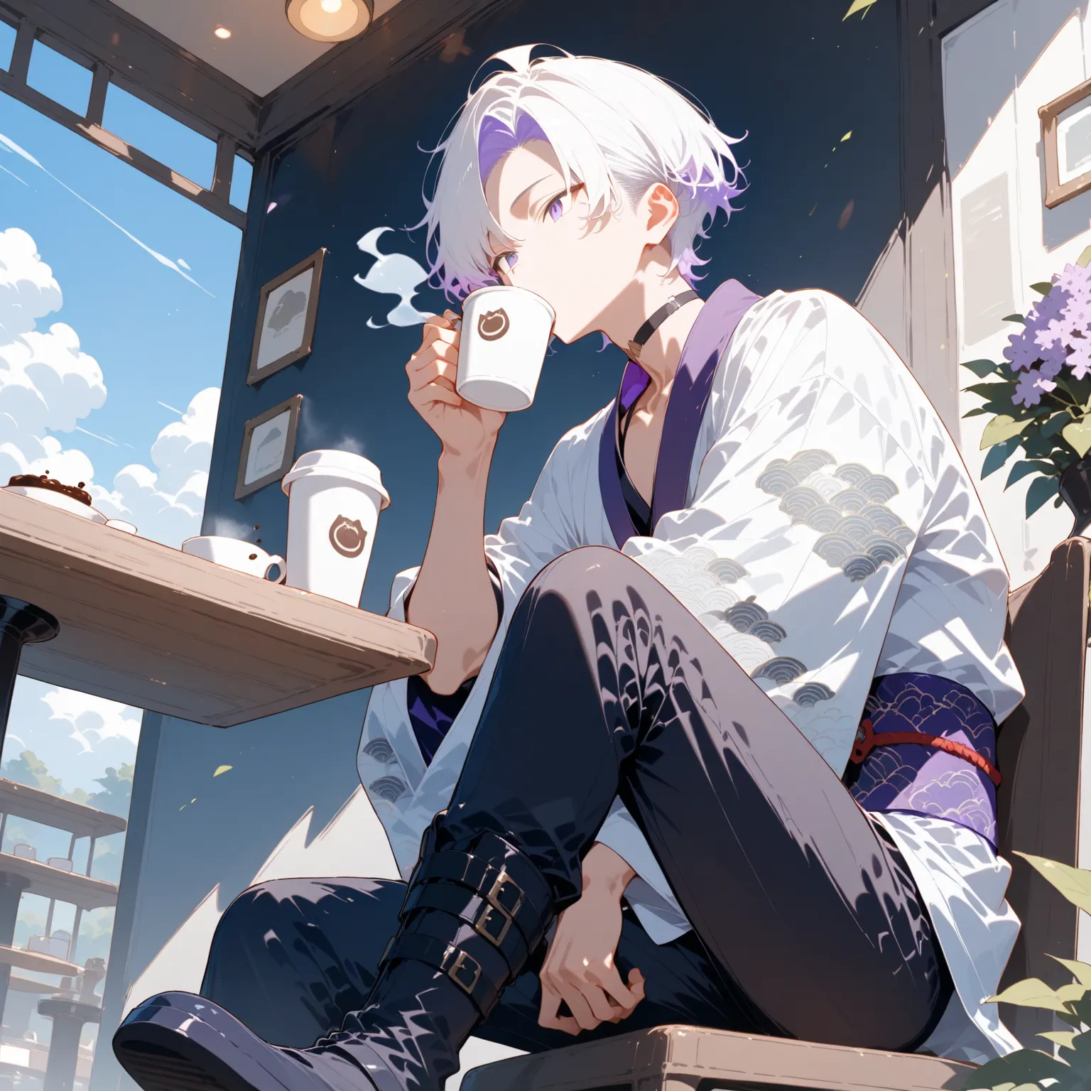 masterpiece, high score, great score, absurdres,
1boy,sitting,drinking coffee,male focus, 20-yo, クモイエイテル, toned,twink,white hair, side-parted, lilac highlights,avant-garde japanese clothes,black choker,purple collar accent, cloud pattern,black skinny pants...