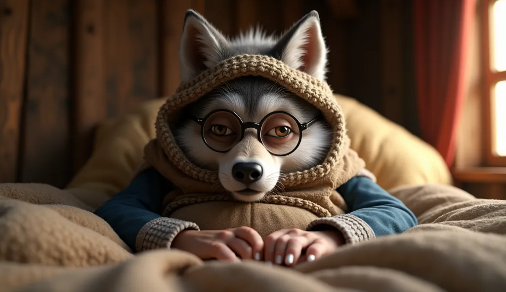 The fierce wolf pretends to be a grandmother wearing a scarf on her head and glasses, lying on the bed in the wooden house. 3d animation