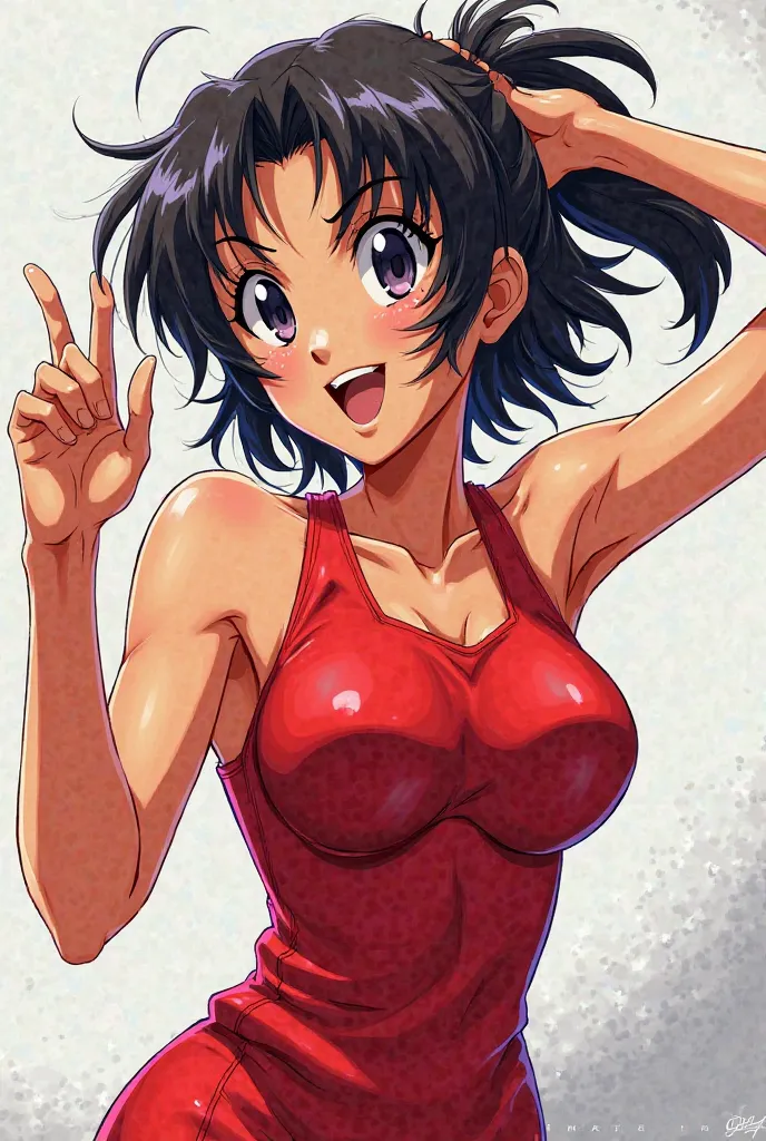 Evangelion's Katsuragi Misato
Figure wearing a tank top and waving