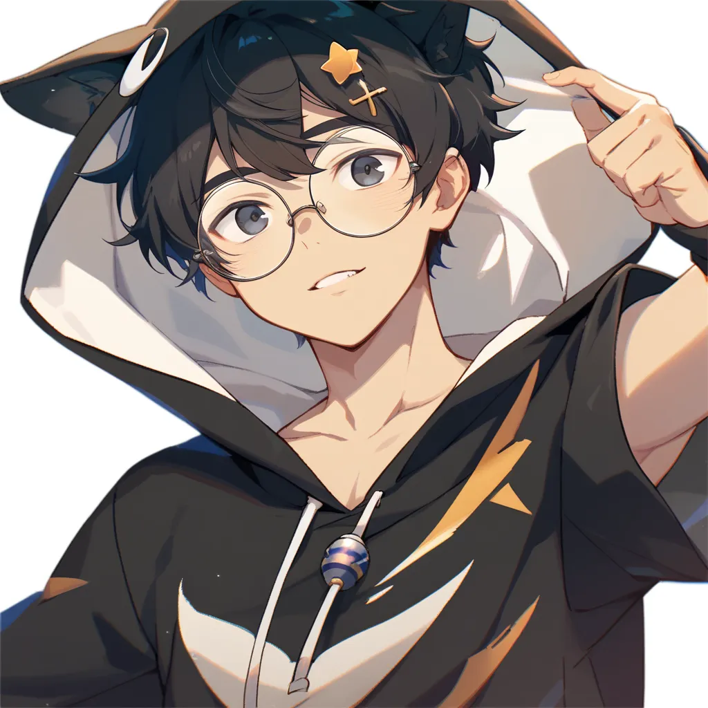 518×518, From the chest to the head,,  transparent background, , young man,  short hair ,  black hair, Black eyes, Folk costume , Middle Ages, There is an ornament in the form of erect black dog ears., Wear thin black round glasses.