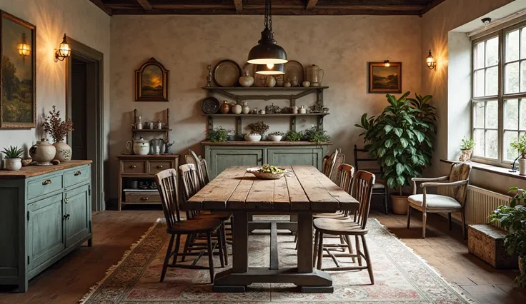 "A rustic farmhouse dining room with a long wooden table, vintage chairs, and warm lighting."
