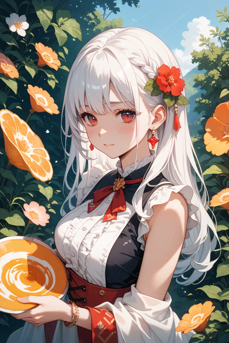 anime-style illustration featuring a slightly mature girl, long white hair, and red eyes. She's extremely embarrassed, with a deep blush. Her outfit and hair are covered in watery, semi-transparent, glossy paint now with a yellowish, oil-mixed, high-viscos...