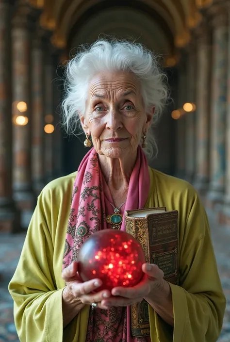 A cinematic photo of an elderly woman with wisdom and mystique, standing in a beautiful magical place in a holy palace. She is looking directly into the camera. She is holding a deep red sparkling crystal ball and a book. The overall ambiance is cinematic ...