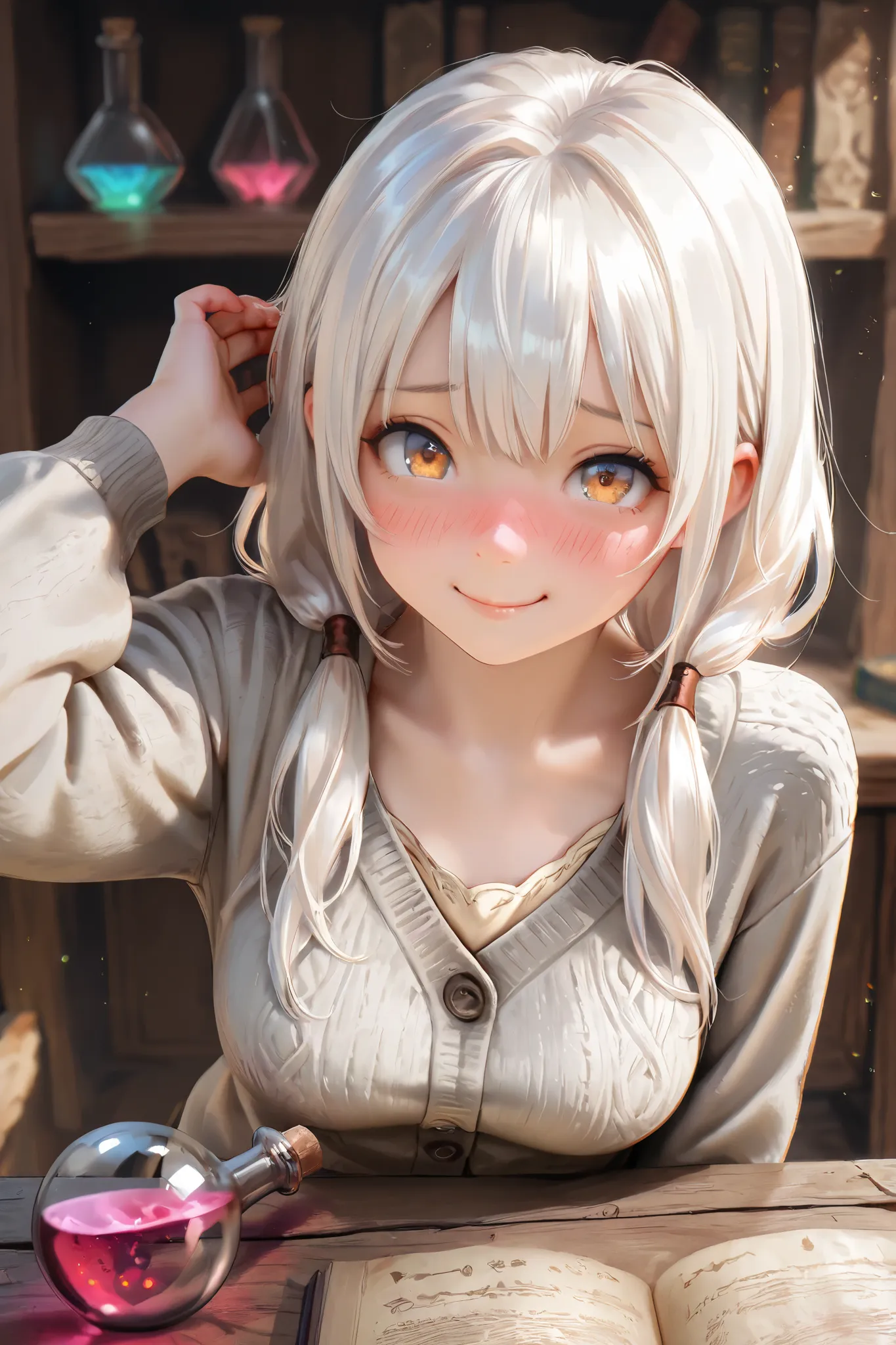 masterpiece, best quality, detailed eyes, semi realistic, 8k, cute, clumsy, small, amber eye, medium breasts, long low twintail white hair, beige shirts, gray cardigan, scratching herself head, fantasy, solo charactor, embarrassed, magic potion on wood des...