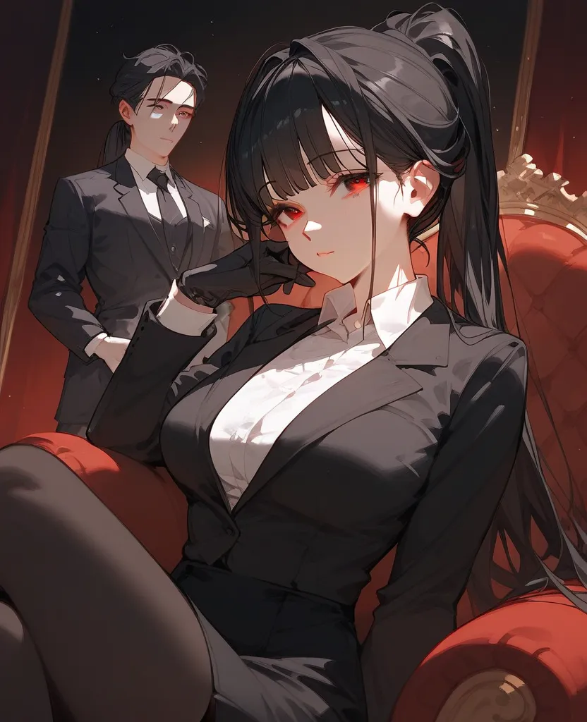 girl, black hair, long hair, ponytail, in red eyes ,cute looking,medium breasts,neat bangs,Black suit, Long Sleeve Shirt,shirt,Collared shirt, black skirt, black gloves ,sit,In a black mansion,,Pointed eyes ,milf,