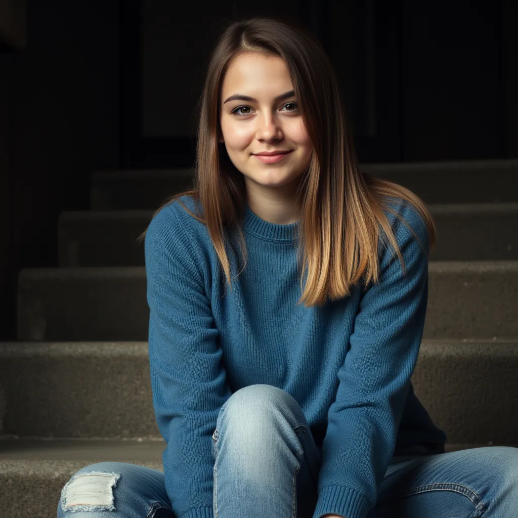 woman sitting on the stairs. Has a blue sweater on. a pair of jeans and sneakers.    style photorealistic ,  sharp focus, very detailed, sunlight, Detail,  full body