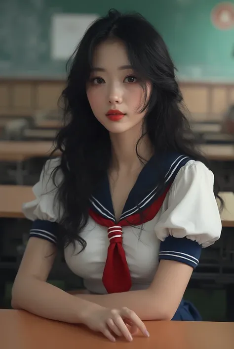 A young Asian woman with long, wavy black hair stands inside a classroom. She wears a sailor-style outfit consisting of a white blouse with navy blue trim, short puffed sleeves, and a red necktie. She has cleavage. Large boobs. She is wearing mascara and h...