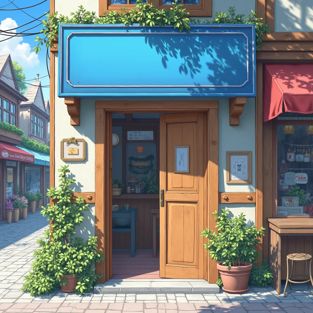 neat door with blue signage outside the street,  Anime style