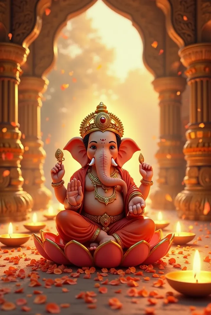  Create a mesmerizing animated video of Lord Ganesha sitting on a golden lotus in a beautifully decorated temple. The video should feature soft glowing diyas (oil lamps) flickering around the temple, with gentle flower petals floating in the air. Ganesha’s...