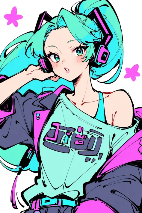 (has the best quality, sketch:1.2),practical,Illustrator ,cunning， Japanese cartoon ,1 girl,  Hatsune Miku ，detailed lips, hand，Off Shoulder， Neon long hair , high ponytail green ， masterpiece,  This style is retro, DJ