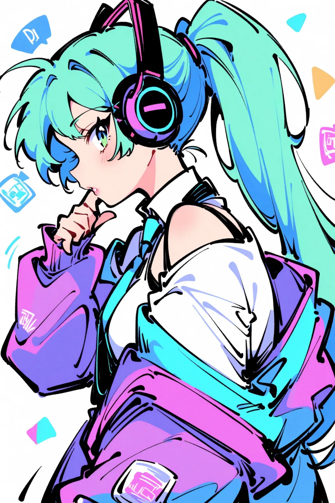 (has the best quality, sketch:1.2),practical,Illustrator ,cunning， Japanese cartoon ,1 girl,  Hatsune Miku ，detailed lips, hand，Off Shoulder， Neon long hair , high ponytail green ， masterpiece,  This style is retro, DJ