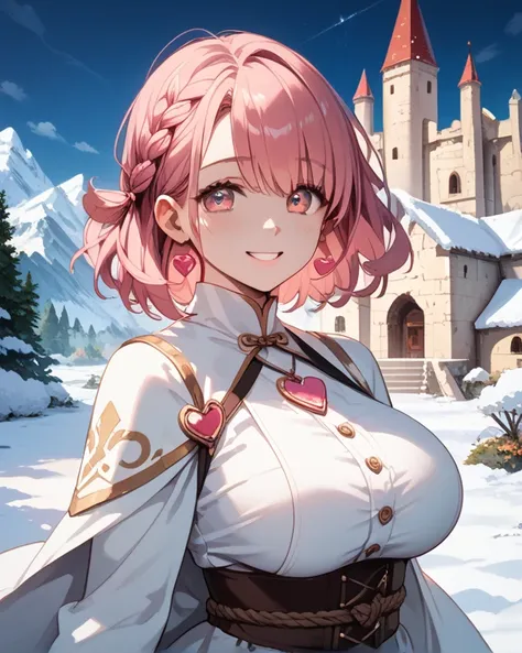 Top quality, one middle-aged woman, 30 years old, normal build, tall, (dark pink hair: 1.2), medium hair, rope braid, hair above the eyes, round eyes, captivating smile, big breasts, snow healer, snow effect, heart-shaped pendant, broken castle, night