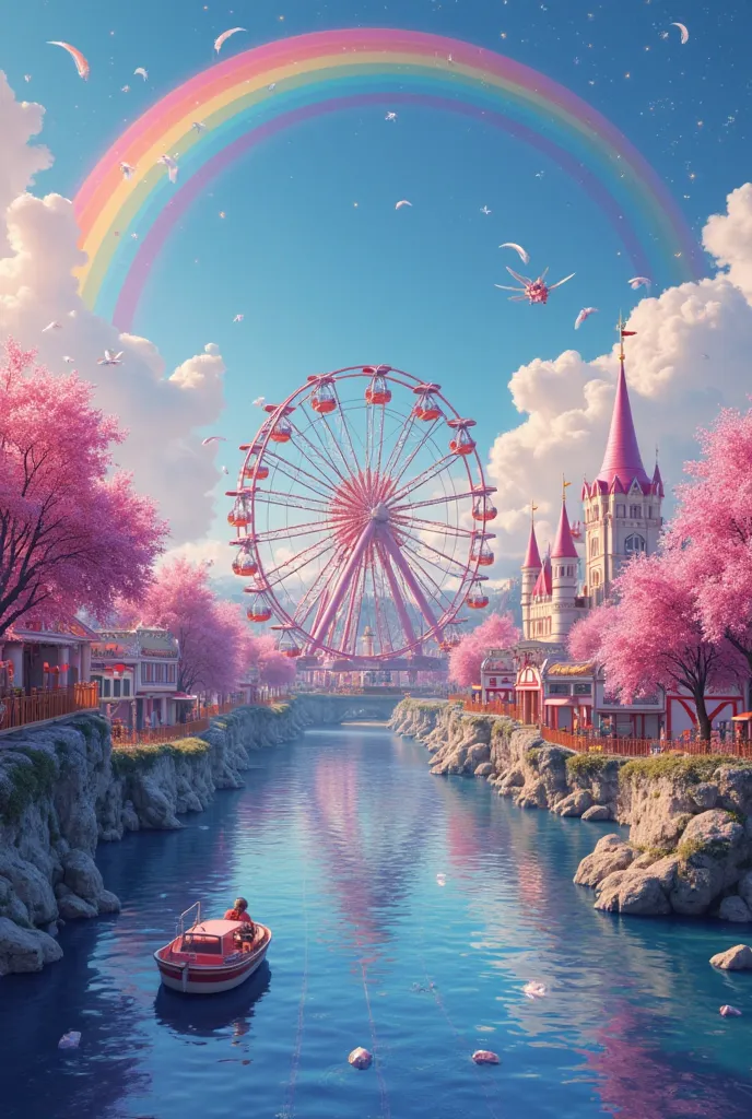 You will prepare a funfair poster. Let it be like a movie poster. A funfair that appeals to ren. Rainbow, carousels, toys. Pink, blue, purple colors are the main theme. There should be a castle. There should be candies. Create it like a movie poster interl...