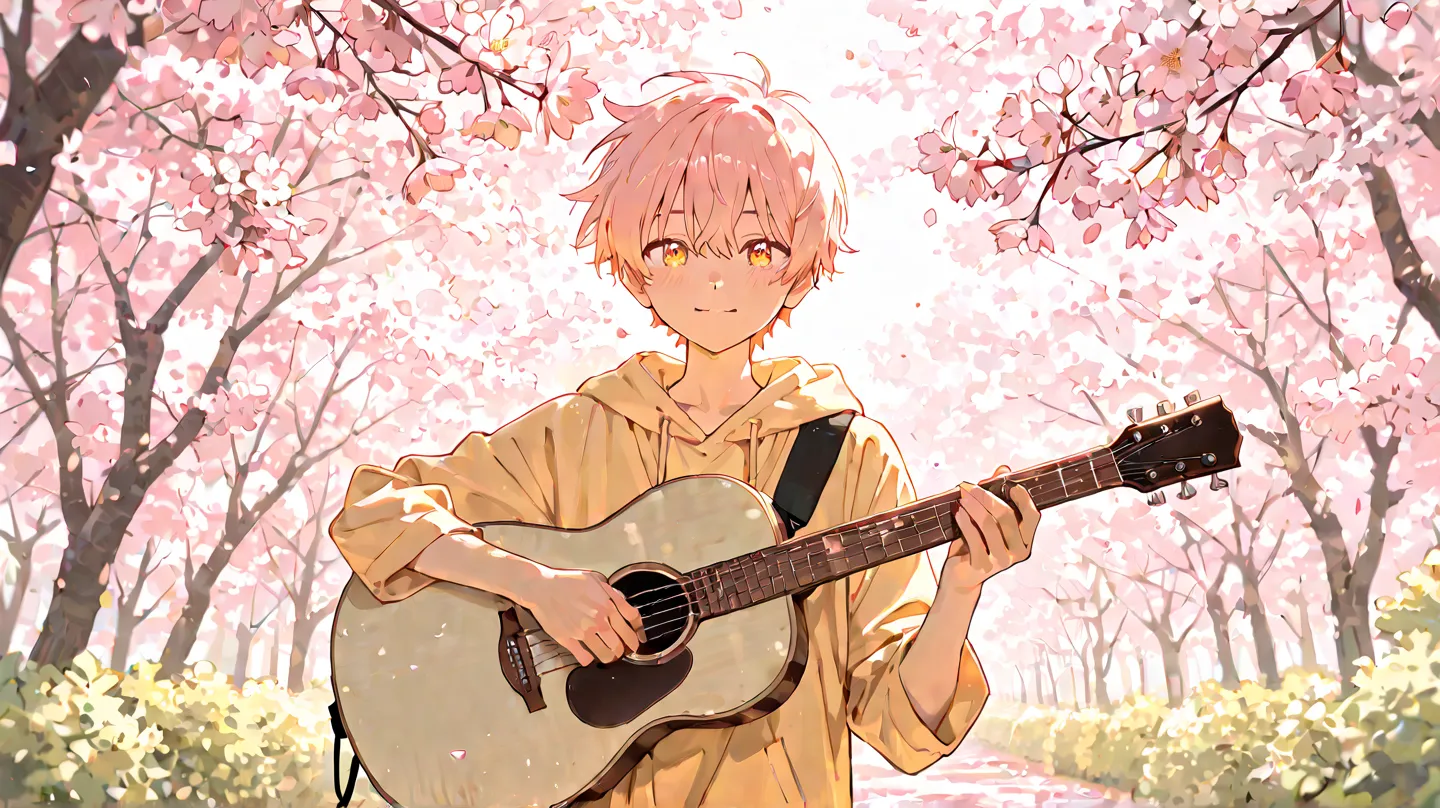 Beautiful Japanese boy holding a guitar