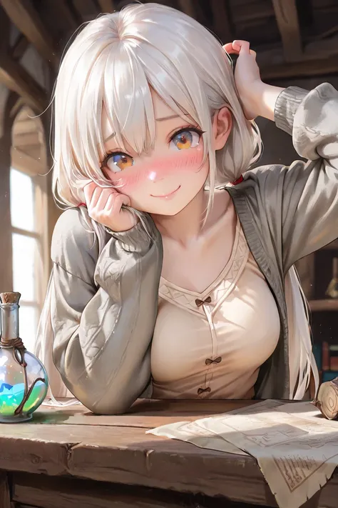 masterpiece, best quality, detailed eyes, semi realistic, 8k, cute, pure, clumsy, small, amber eye, medium breasts, long low twintail white hair, beige shirts, gray cardigan, scratching herself head, fantasy, solo charactor, embarrassed, magic potion on wo...