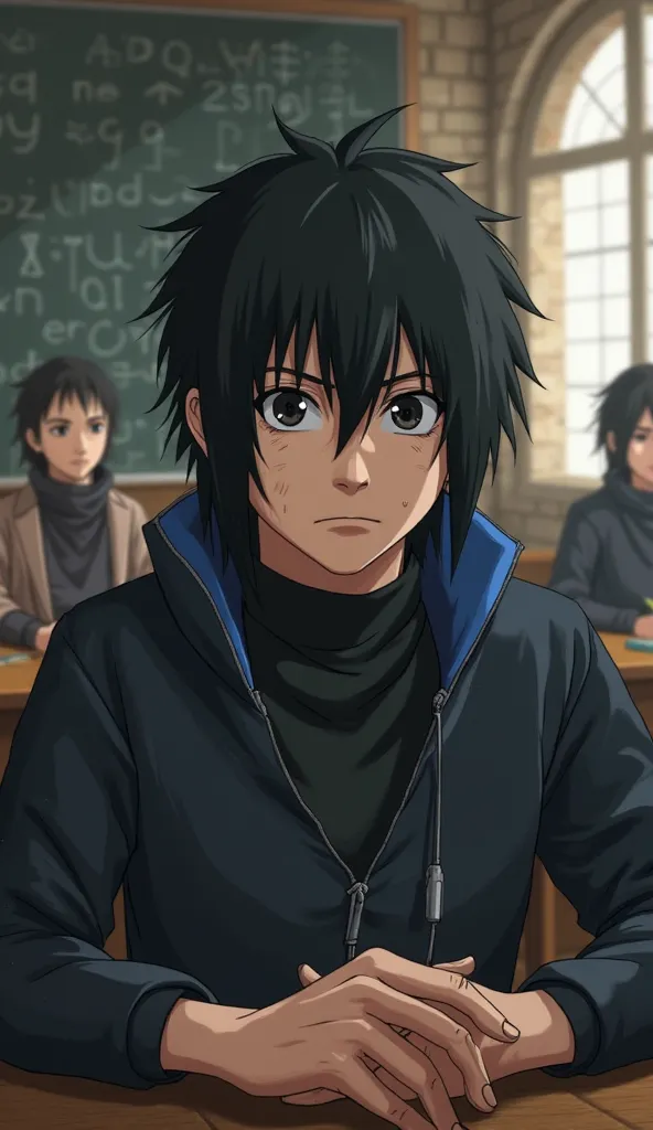 Sasuke Uchiha (Naruto, 1.66m, male) sat at his desk in the classroom, his dark eyes wide with confusion as he stared ahead, clearly caught off guard by something. His usual stoic expression was replaced with one of doubt, as he furrowed his brows, trying t...