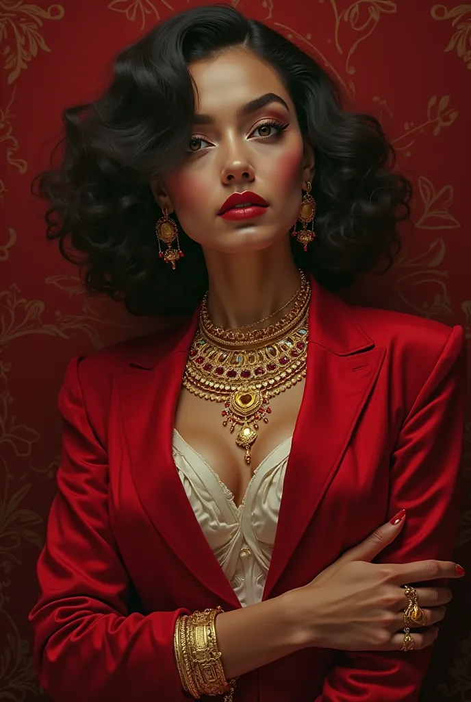 portrait of a femme fatale with small breasts, with curly hair with massive gold jewelry, amber and rubies in a red velvet suit and cream blouse