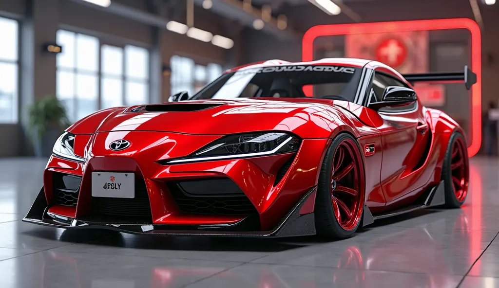 
3D render of a heavily modified (2025 Toyata supra)in( )in (red)colour, front right side view) The car features closing doors, ultra-high-detail glossy and shiny modifications, including sleek add-ons. The  logo is prominently displayed on the closing doo...