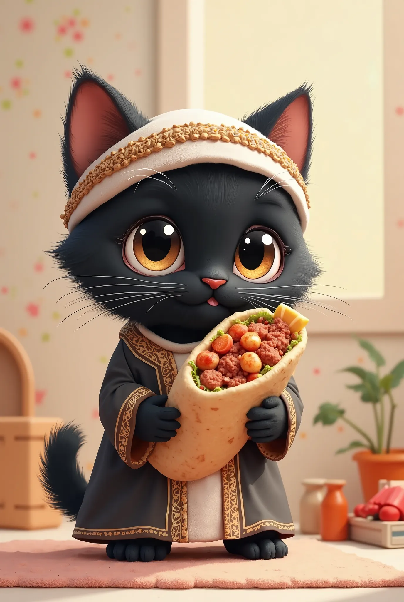 i want you to create a picture of a black cat holding a beef shawarma and wearing a muslim attire  and make it cute, and fluffy and chibi size 