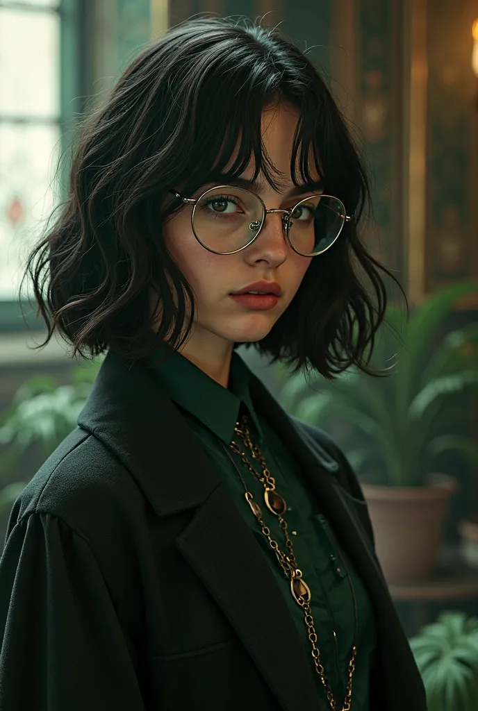 Girl with metallic glasses,shoulder-length hair in black color and is from the Slytherin house