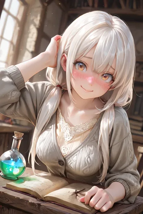 masterpiece, best quality, detailed eyes, semi realistic, 8k, cute, pure, clumsy, small, amber eye, medium breasts, long low twintail white hair, beige shirts, gray cardigan, scratching herself head, fantasy, solo charactor, embarrassed, magic potion on wo...