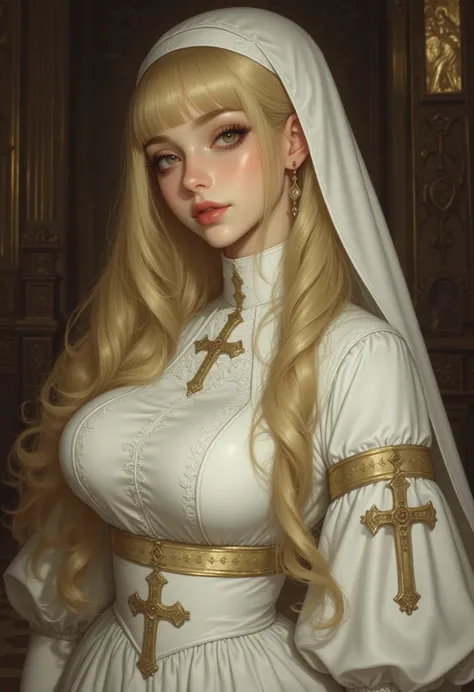 high profile, Digital illustration of a girl in a sexy saint dress, very realistically created,  realistic photo style ,  The character is a pale white woman, , long, Large golden yellow hair that emerged from under a white female saint's dress, bangs, She...