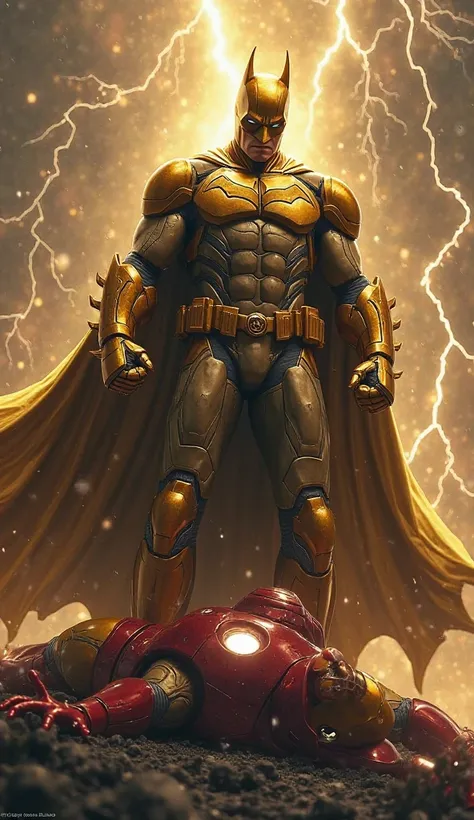 Golden  batman beat iron man and Golden batman standing on death body in lightning
