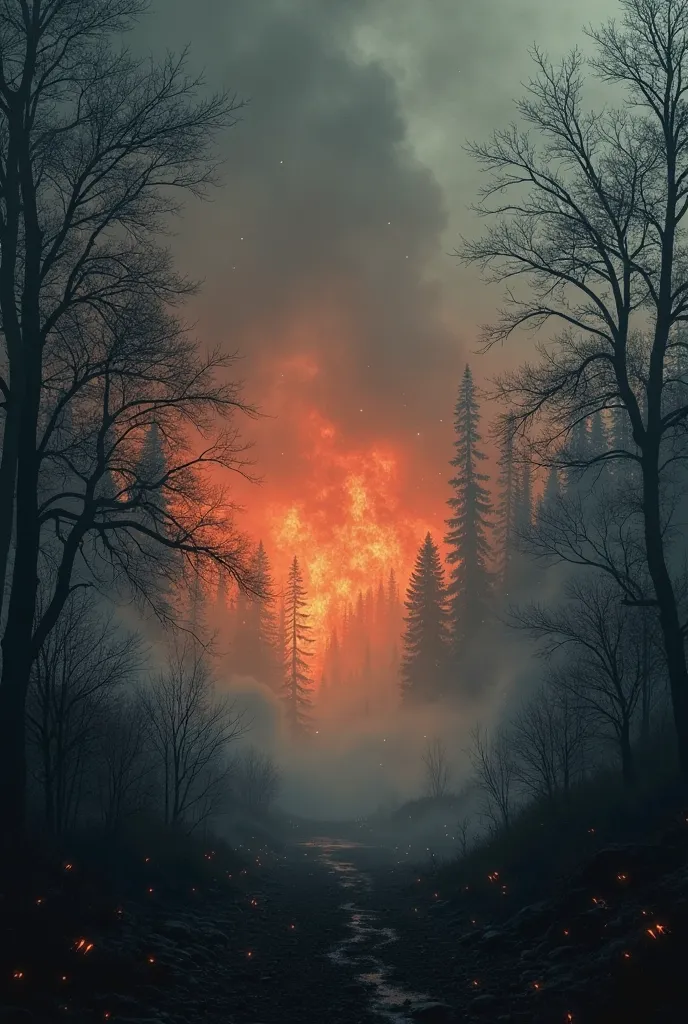 Forest fire with fog