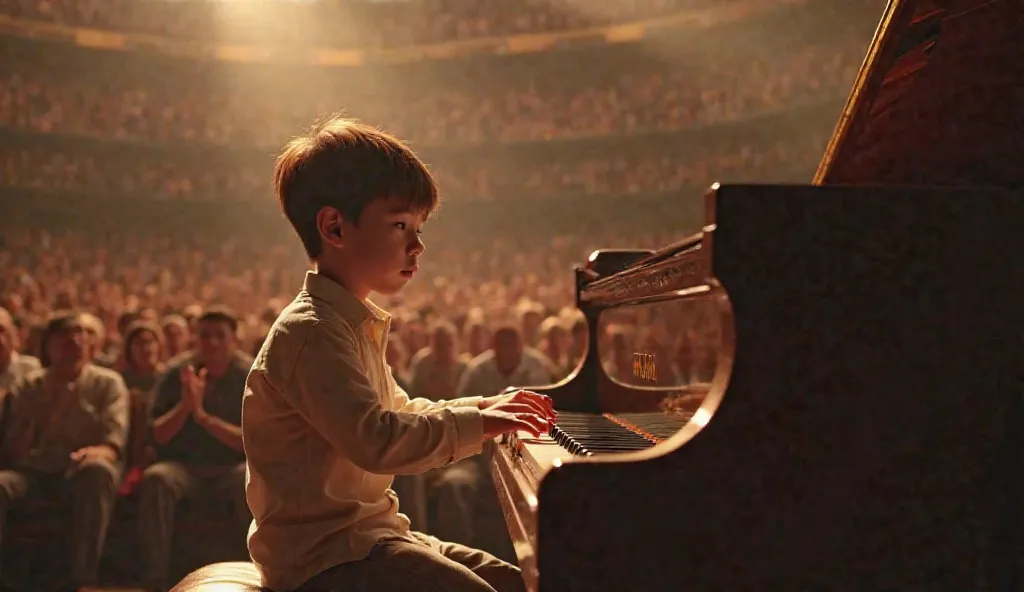 Q blind boy performing peyano in the front of large audience 