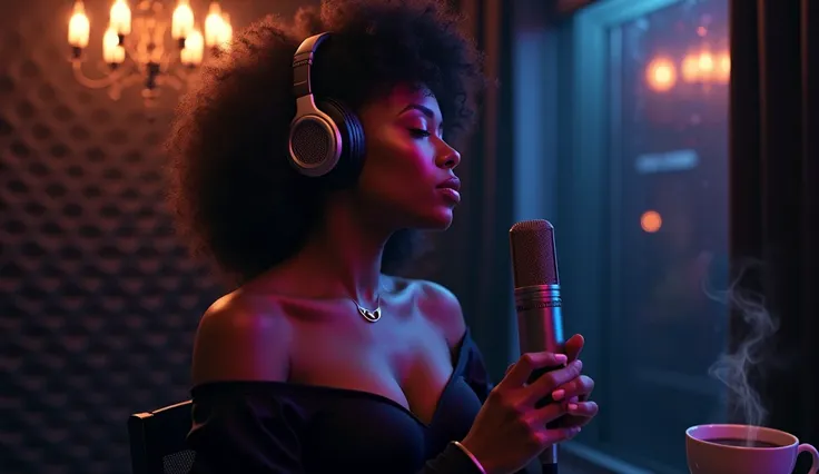 A cinematic digital painting of a 30-year-old American R&B-style woman in a professional recording studio. She wears a sensual off-shoulder top, revealing half of her chest, with large metallic headphones on. Her eyes are closed, lips slightly parted, hold...