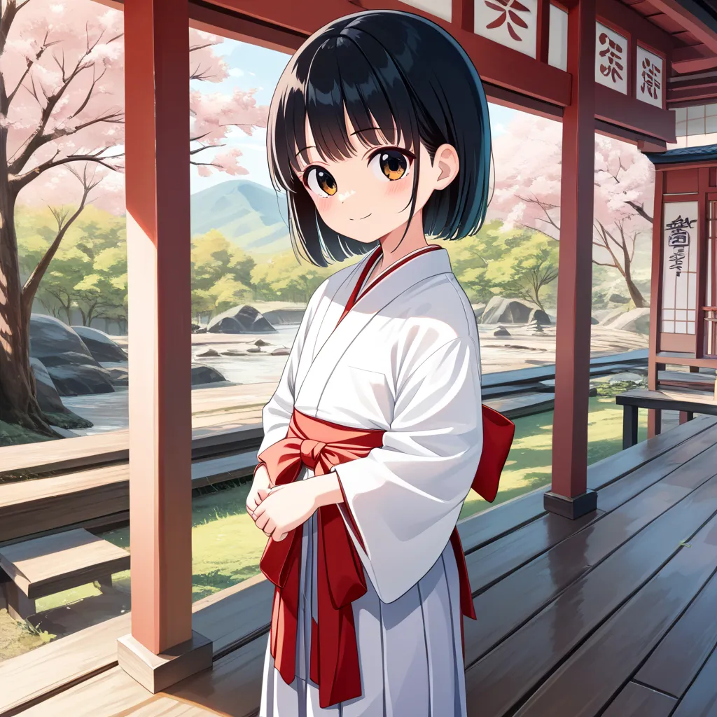 {best quality}, {very aesthetic}, {ultra-detailed}, {best illustration}, {masterpiece}, {detailed beautiful eyes}, {extremely detailed}, cute female ,, (wearing Japanese white clothes:1.6), BREAK (red short hakama:1.4), look up, , , blush:1.3), in shrine, ...