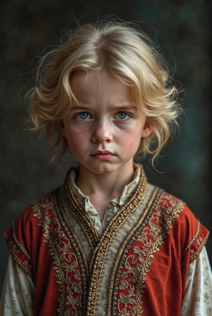 1900 year old Thracian boy , traditional ottoman dress,blonde blue eyed cheekbones dislocated