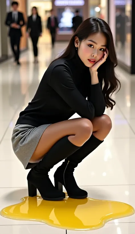 black turtleneck sweater, High Heeled Black Suede Below Knee Platform Long Boots,Houndstooth Pattern Tight Mini Skirt with Pee Stains , brown pantyhose ,long black hair, Korean,beauties,I'm hanging a mini bag over my shoulder ,しゃがんでUrinary incontinenceして綺麗...