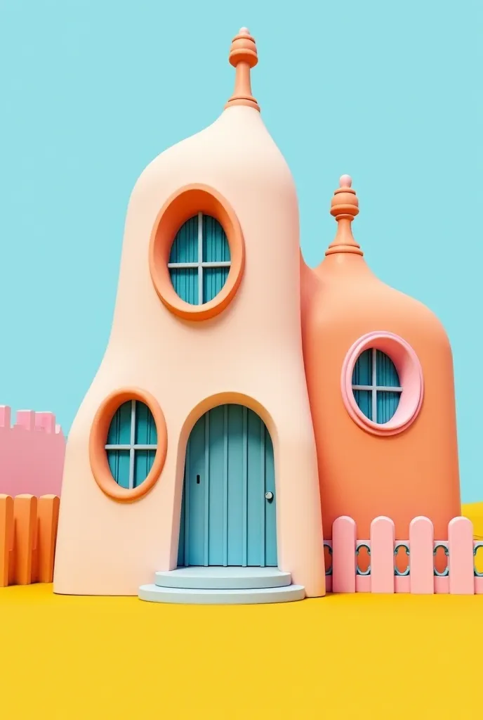 Pastel Gaudi mid-century retro modern space house with rounded window with Italian spiral filigree iron bar decoration on top of rounded window. The top roof has patio with Italian Gaudi spiral iron filigree bar fence. The front door at down floor  of the ...