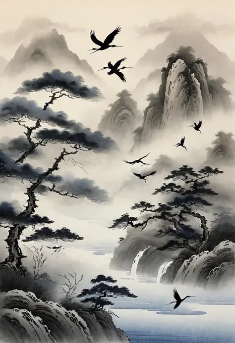 A highly detailed traditional Japanese sumi-e painting of elegant cranes soaring gracefully above misty mountain landscapes. The composition features delicate brushstrokes capturing the intricate details of the birds' feathers, their poised posture, and th...