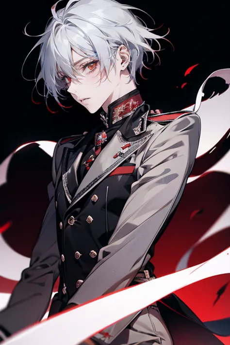 1 Man　 male　solo, red eyes,  Silver Hair,  vertical pupil /Cat&#39;s Eyes, seductive smile, vampire　teeth and laugh, black clothes　 jerseys　 Hi-Res, 最high quality, high definition model, Ultra High Definition, textured skin, high quality,