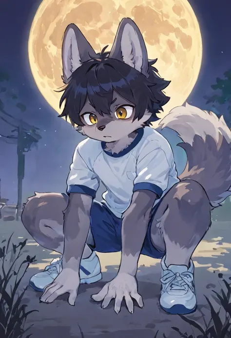 Furry,Kemono,anime,wolf,male,young_boy,torn_clothing,gym_uniform,t-shirts,Shorts,shoes_burst,front_view,Crouching,hands on ground,full_moon,