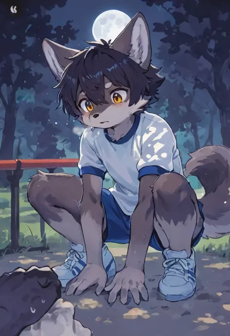 Furry,Kemono,anime,wolf,male,young_boy,torn_clothing,gym_uniform,t-shirts,Shorts,shoes_burst,front_view,Crouching,hands on ground,full_moon,