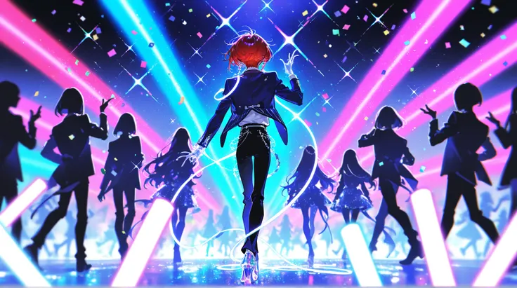 full body, dynamic pose, ((back view, from behind, walking)), 1boy, short hair, messy hair, red hair, wearing a fitted dark blue blazer over a white button-up shirt, subtle silver accessories, black pants, confident smile, yoneyama mai, yoneyama mai, yoney...