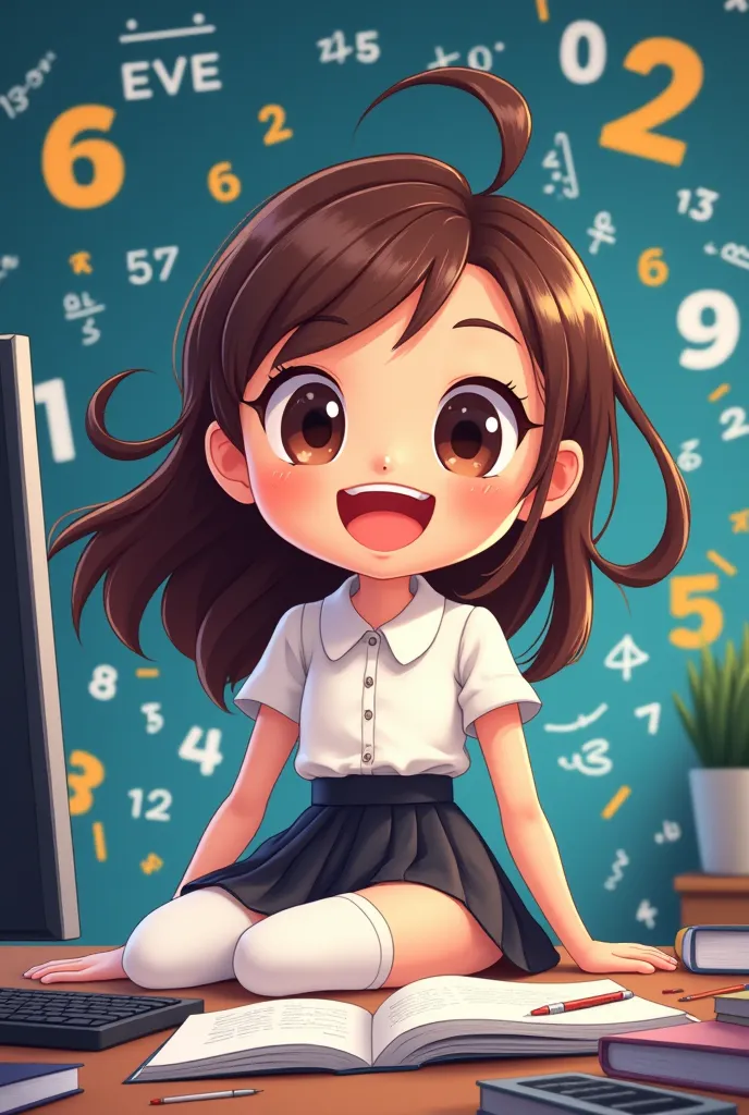 A  cartoon girl ,cheerful expression,brown hair,camisa blanca, black skirt,long white stockings,Mathematics numbers around 4k,computer,vibrant colors,professional lips