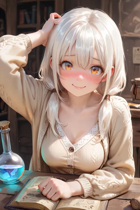 masterpiece, best quality, detailed eyes, semi realistic, 8k, cute, pure, clumsy, small, amber eye, medium breasts, long low twintail white hair, beige shirts, opened gray cardigan, scratching herself head, fantasy, solo charactor, embarrassed, magic potio...