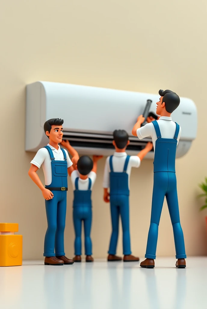 I want an animated image for an advertisement for the company (New Cairo Service) for 4 workers doing air conditioning maintenance using tiny figures. The clothes should have the words (new cairo service) written on them.