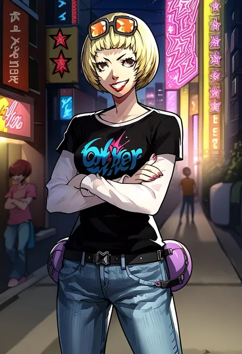 score_9, score_8_up, score_7_up, source_anime, 1girl, cowboy shot, looking at viewer, crossed arms, grin, RyujiP5, genderbend, short hair, bob cut, blonde hair, sunglasses on head, lipstick, black t-shirt, clothes writing, layered sleeves, medium breasts, ...